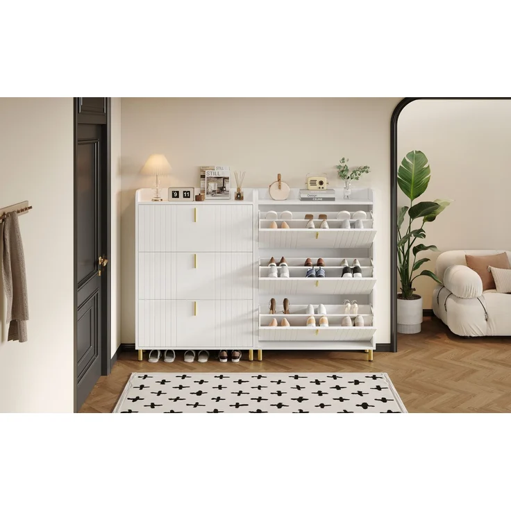 2 ser Schuhregal mattweiß mit gold Metallfüßen, verstellbare Regale, Ablagefläche, stabiler MDF-Schuhschrank – Bild 3