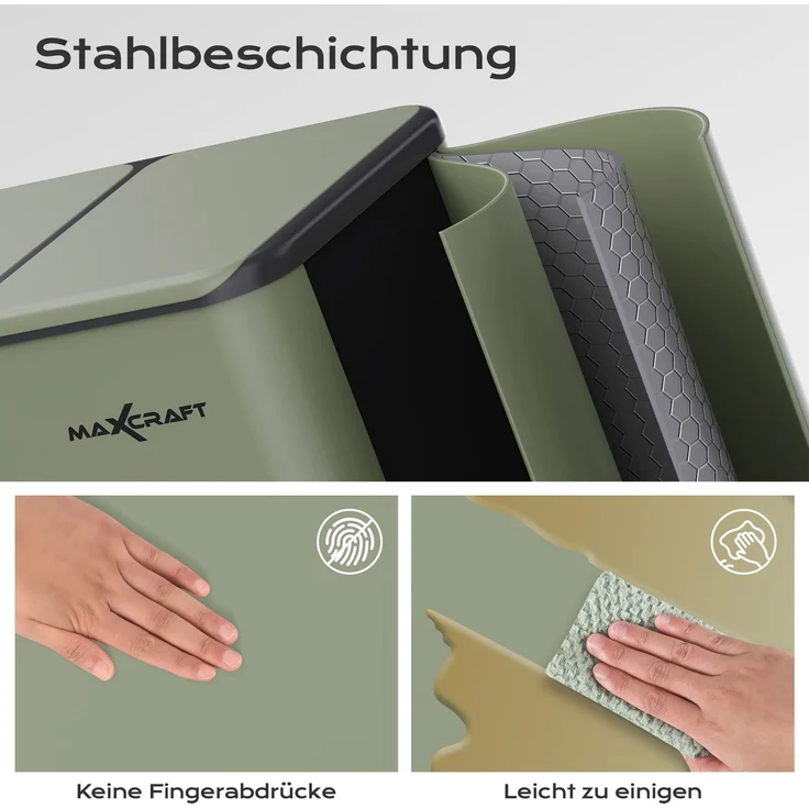 MAXCRAFT Küchen-Mülleimer 60L – Treteimer mit Soft-Close & Doppelfach für Mülltrennung, Grün – Bild 5