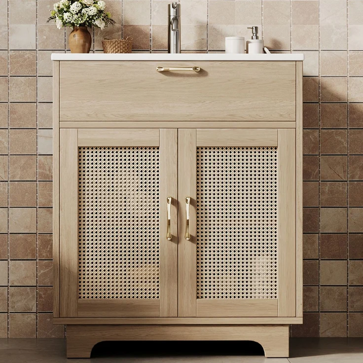 Freistehender Badwaschtisch 76 x 46 x 88 cm aus MDF mit Keramikbecken und Rattan-Geflecht – Bild 2