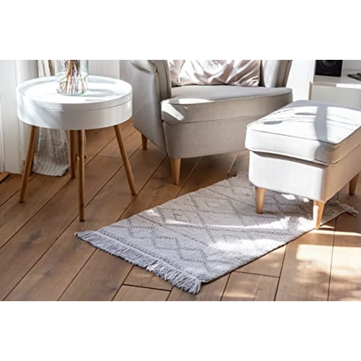 WENKO Badematte Urla Grau, 100 % Bio-Baumwolle, rutschhemmend, 60 x 90 cm, Jacquard-Muster mit Fransen – Bild 7