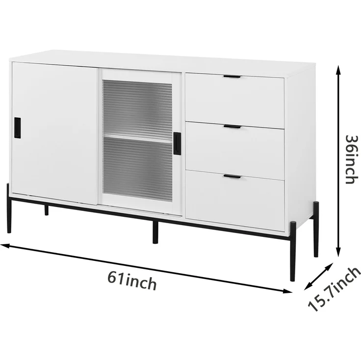 Klassisches Sideboard mit geripptem Glas und 3 Schubladen in Weiß, 160 lbs Tragfähigkeit – Bild 7