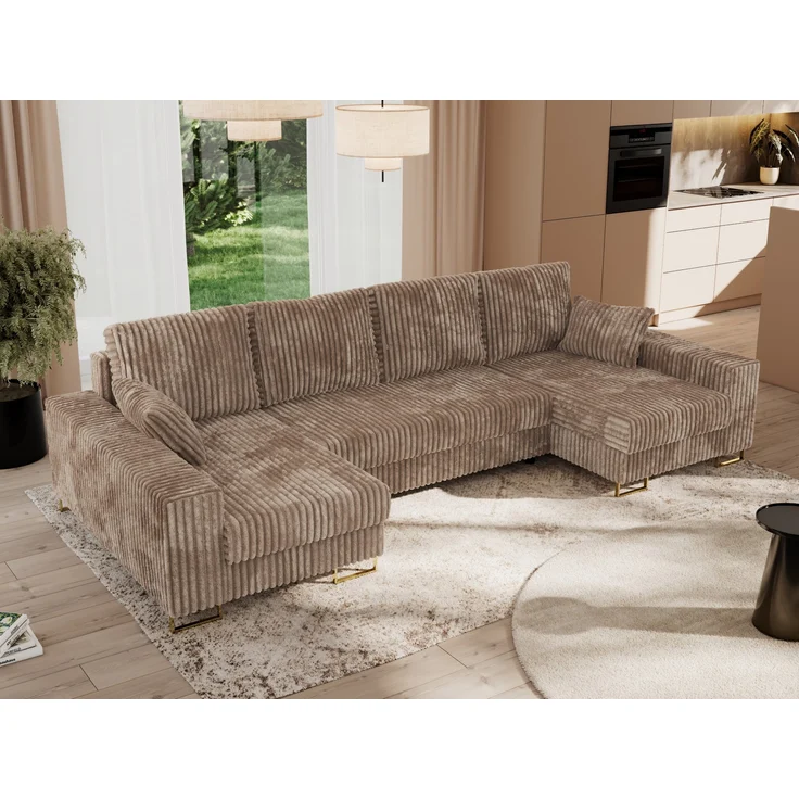 U-förmiges Ecksofa auf goldenen Metallbeinen, mit Schlaffunktion und drei Bettkästen für das Wohnzimmer - DORIAN U - Braun Cord – Bild 1