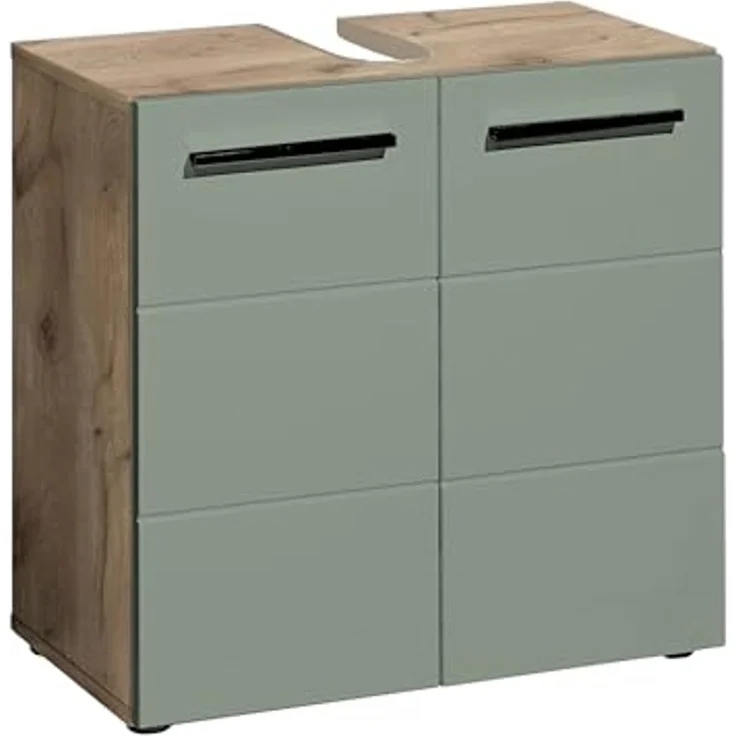 Waschbeckenunterschrank >Vista< 2 Türen, 1 Boden, schilfgrün / viking oak Dekor - 60x62x31 (BxHxT) – Bild 1