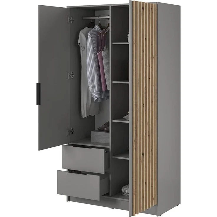 MOEBLO Kleiderschrank JOHN (Latten aus Holz, Loft Stil IndustrieSchrank Aufbewahrungsschrank (Spannstange) mit Regalböden, Schlafzimmerschrank mit 2/3/4 drehbaren Türen, 2 Schubladen) – Bild 3
