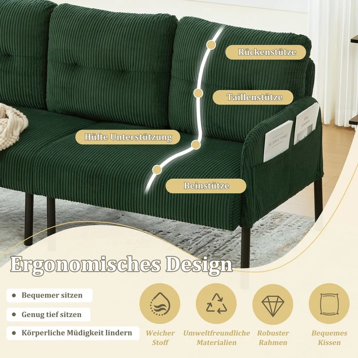 LVHOM 3-Sitzer Sofa mit Metallsockel, Polstersofa mit Seitentaschen, Loungesofa aus Cordstoff, Ergonomisches Stoffsofa, 171x72x80cm – Bild 3