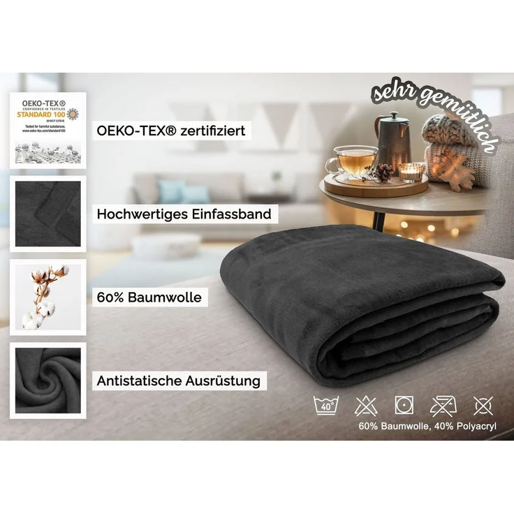 ZOLLNER Kuscheldecke mit Einfassband, 150x200 cm, dunkelgrau (graphit) – Bild 3