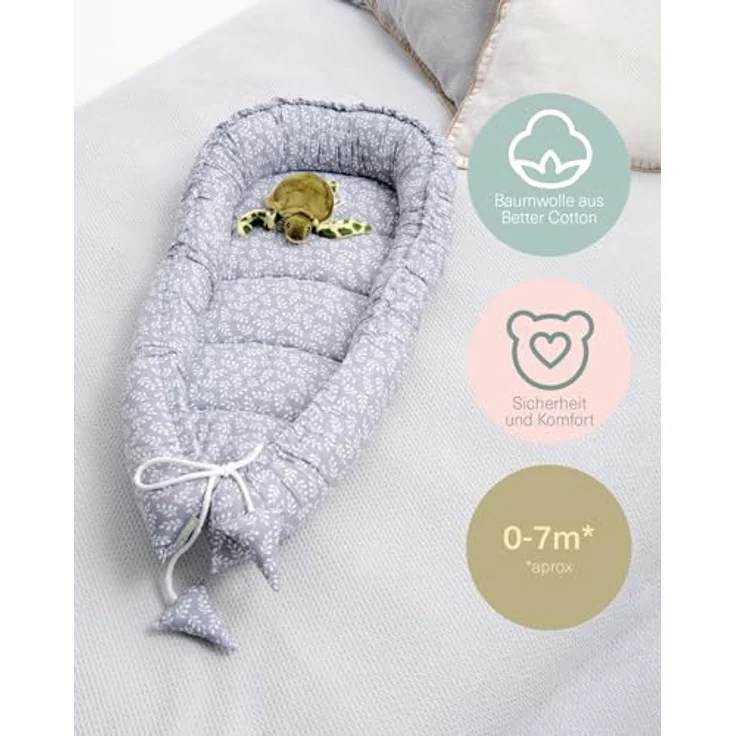 molis&co - Babynest - 100% Baumwolle (OEKO-TEX) - Babynestchen Neugeborene - Ideal als Reisebett, Kuschelnest Geeignet & Cradle Reducer - 90x50 cm - Blue Garden – Bild 5