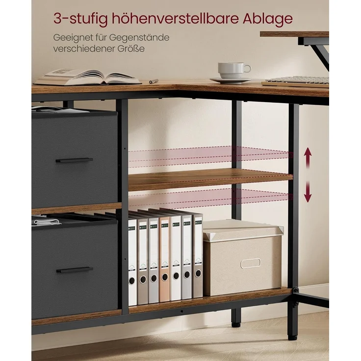VASAGLE L-förmiger Schreibtisch, 2 geräumige Schubladen, Computertisch mit Monitorständer, Eckschreibtisch, Gaming-Tisch mit Verstellbarer Ablage 135x105 cm vintagebraun LWD098B01 – Bild 4