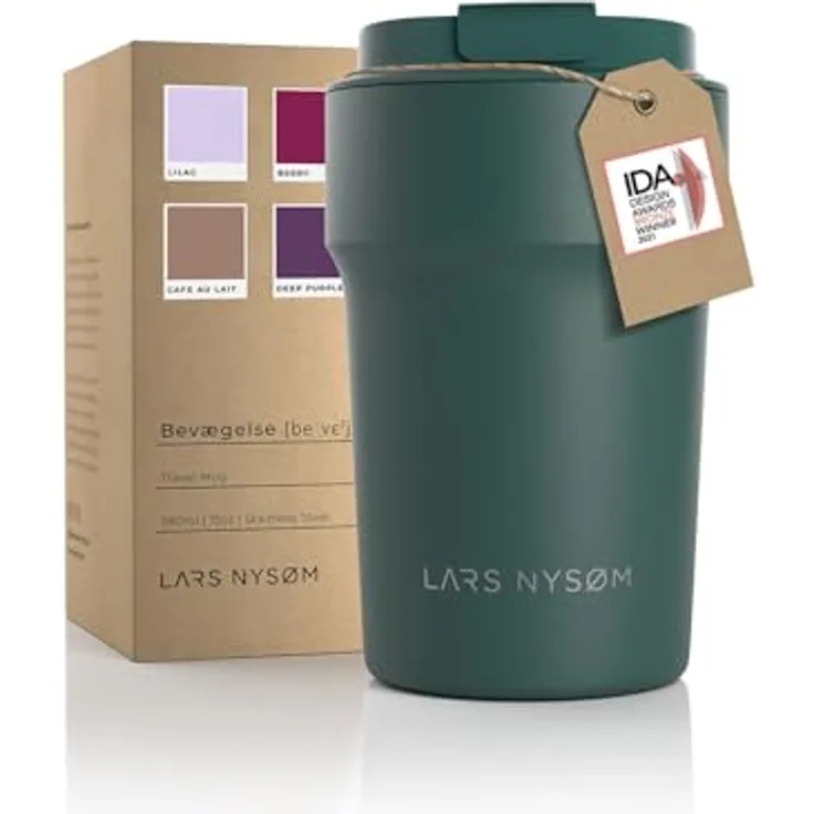 LARS NYSØM Thermo Kaffeebecher to go 380ml | Travel Mug 0,38 Liter mit Isolierung | Auslaufsicherer Edelstahl Thermobecher für Kaffee und Tee unterwegs | Teebecher (Pine Green, 380ml)