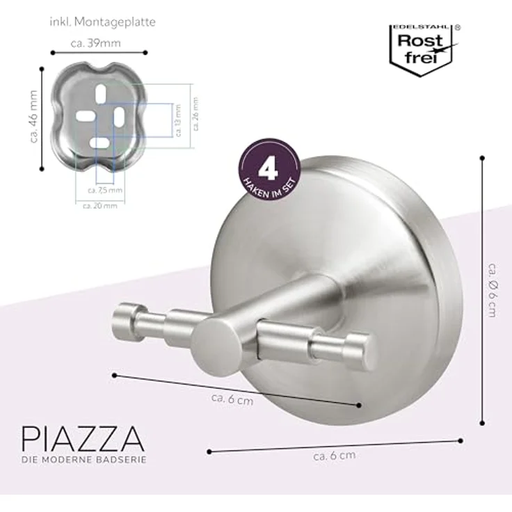 bremermann Wandhaken Bad-Serie PIAZZA - 4er Set, aus Edelstahl matt, (4-St) – Bild 8
