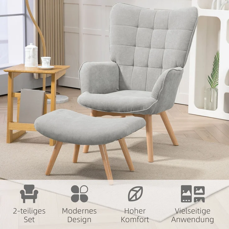 Ohrensessel mit Hocker, Relaxsessel, Polstersessel in Cord-Optik, Loungesessel, Armlehnstuhl mit Holzbeine, Fernsehsessel für Wohnzimmer, Grau--Herde--80x72x101cm--YOUDENOVA – Bild 6