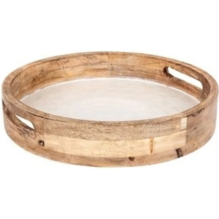 Levandeo® Dekotablett, Tablett 35cm Rund Mango Holz Creme Perlmutt Emaille Ablage – Bild 6