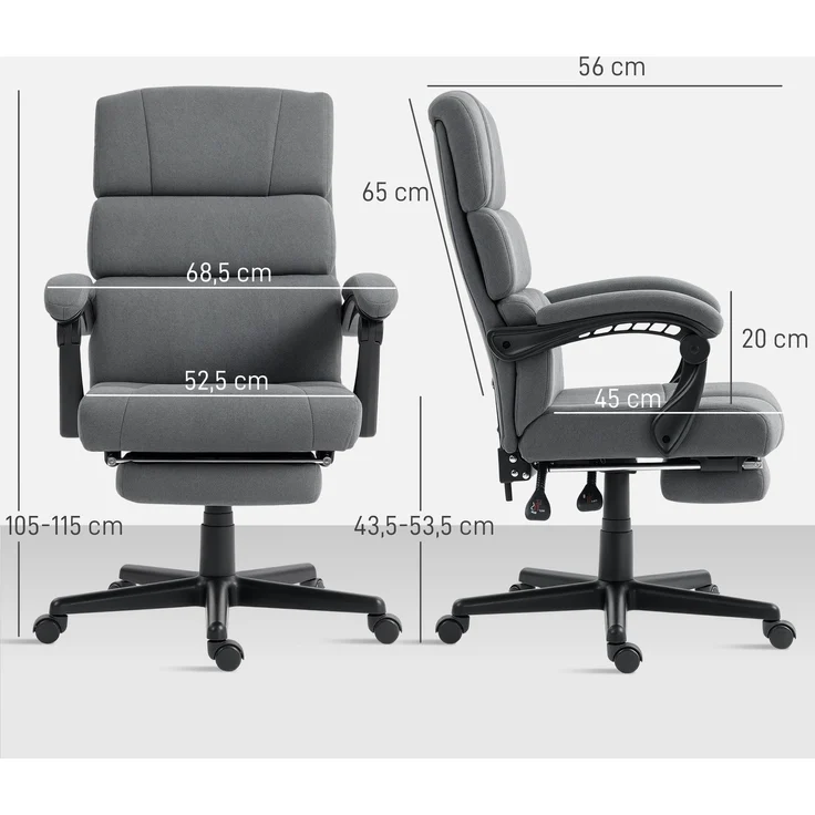 MELAYR, Gepolsterter Bürostuhl mit Samt-Optik, höhenverstellbar, rollbar, Grau, 68.5 x 56 x 115 cm, Dunkelgrau – Bild 5