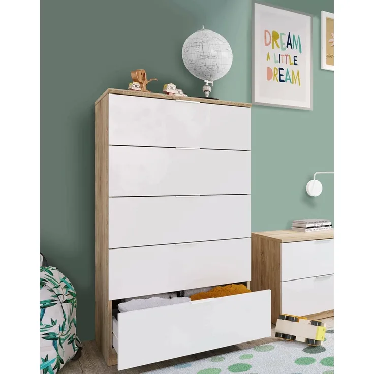 Dmora - Kommode mit Schubladen Mesquite, Wöchentlich mit 5 Schubladen, Kommode für Schlafzimmer, Moderne wöchentlich, cm 60x40h110, Eiche und Weiß