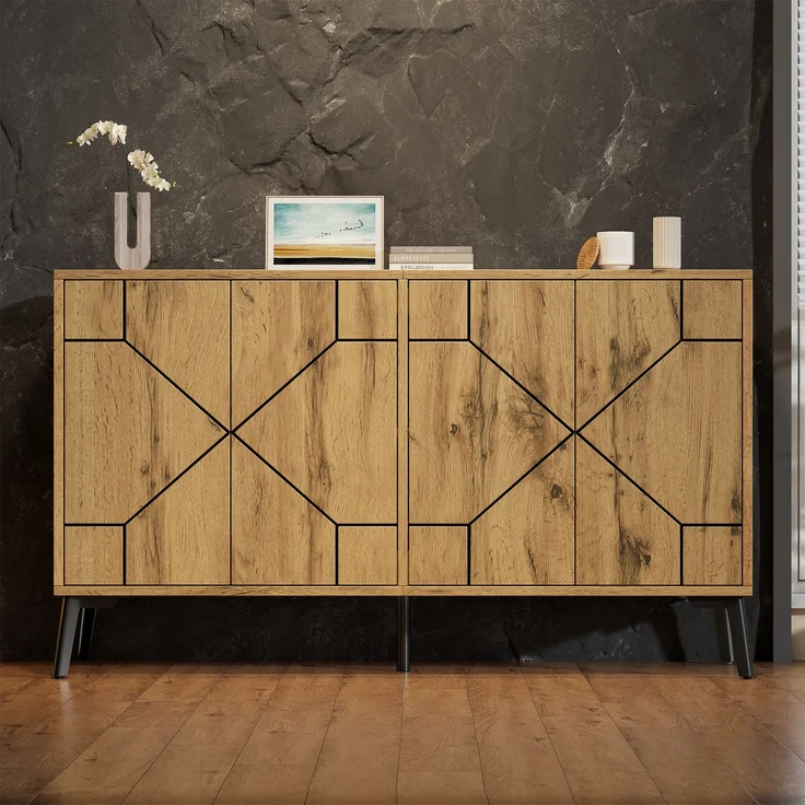 Merax Sideboard mit Wellenmuster, 4 Türen mit Rückprallmechanismus, Aufbewahrungsschrank, Holzfarbe – Bild 7