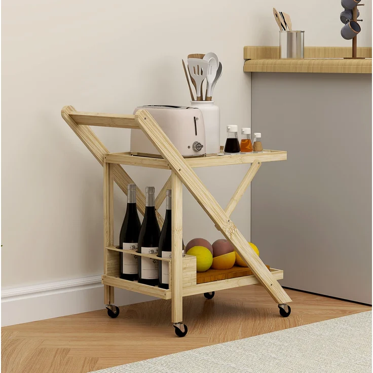 Küchenwagen 66x40x70 cm aus Bambus mit Weinregal und klappbarer Konstruktion – Bild 1