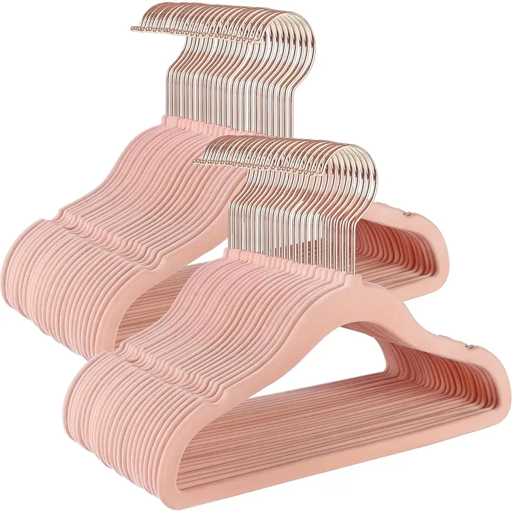 SONGMICS Kinderkleiderbügel, 50er Set Kleiderbügel Kinder, Baby-Kleiderbügel, Bügel Samt, 360° drehbarer Haken in Roségold, platzsparend, rutschfest, für Kleiderschrank, pastellrosa CRF027P01