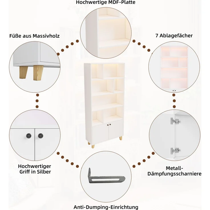 Flieks Bücherregal mit LED 80×30×173 cm, Standregal weiß, Regal mit Türen & offenen Fächern, Massivholzbeine, Fernbedienung – Bild 6
