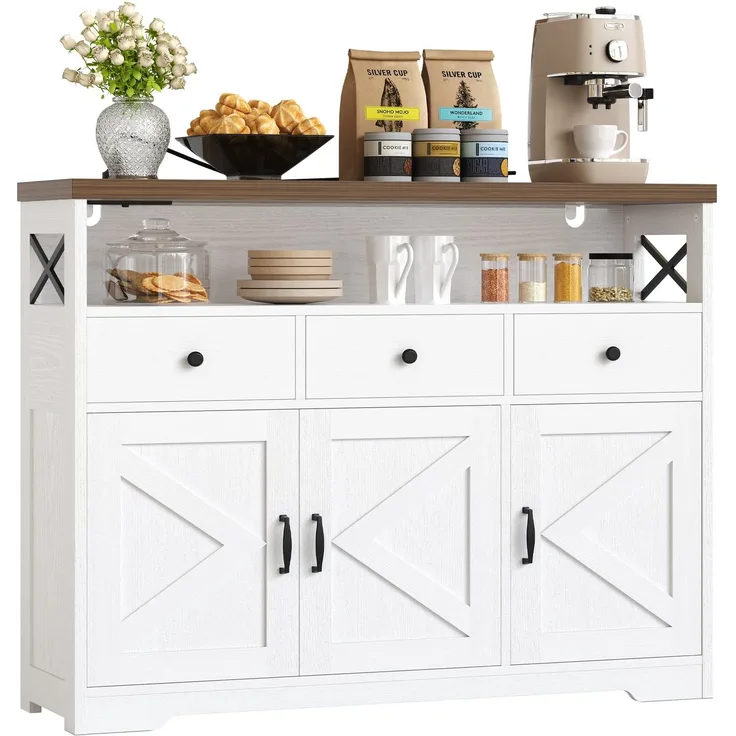 IRONCK Küchenschrank Sideboard mit Steckdose 2AC+1USB+1C, Aufbewahrungsschrank 3 Schubladen 3 Türen, Küchenbuffet Kaffeebar Schrank für Wohnzimmer Esszimmer, verstellbare Ablage 107x35x95cm (Weiß)