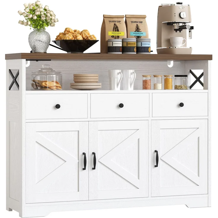 IRONCK Küchenschrank Sideboard mit Steckdose 2AC+1USB+1C, Aufbewahrungsschrank 3 Schubladen 3 Türen, Küchenbuffet Kaffeebar Schrank für Wohnzimmer Esszimmer, verstellbare Ablage 107x35x95cm (Weiß)
