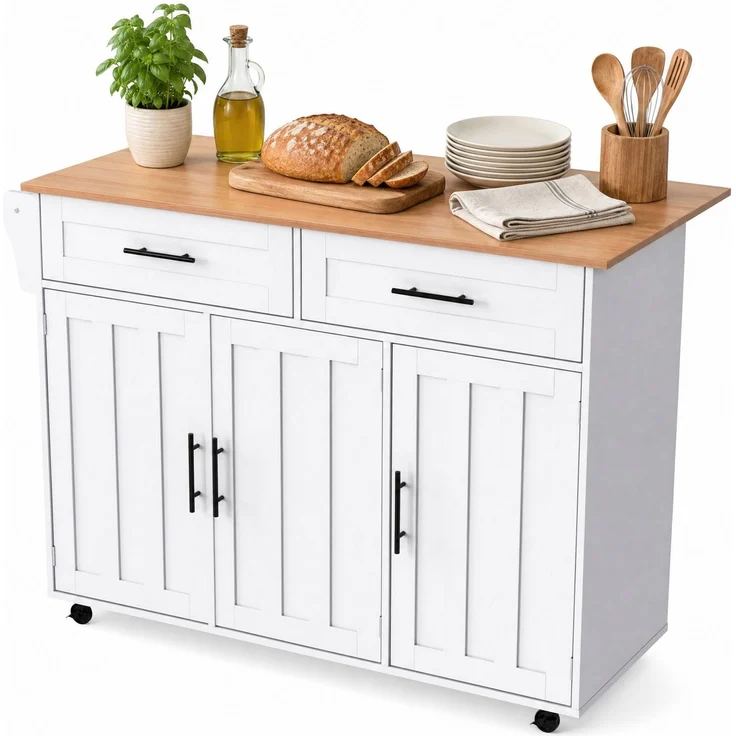 Servierwagen 129x46/71x91,5 cm mit klappbarer Arbeitsplatte – Kücheninsel aus MDF in Weiß mit Stauraum und Rollen – Bild 6