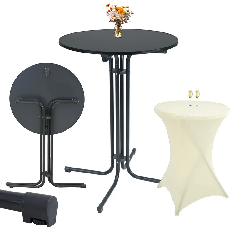 Set Stehtisch klappbar Ø 80 cm in Anthrazit & Husse in Beige bügelfrei für Gastrotisch Bistrotisch