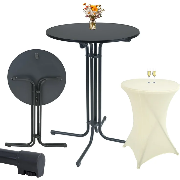 Set Stehtisch klappbar Ø 80 cm in Anthrazit & Husse in Beige bügelfrei für Gastrotisch Bistrotisch