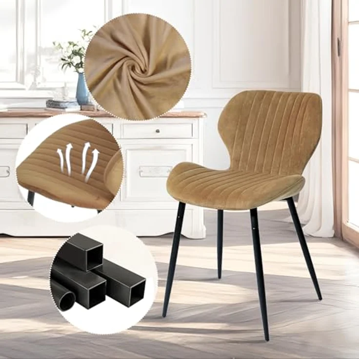 CangLong 2 Schminktischstühle, moderne Polsterstühle für Küche, Esszimmer und Wohnzimmer, Samtstühle mit schwarzen Metallbeinen, Braun – Bild 8