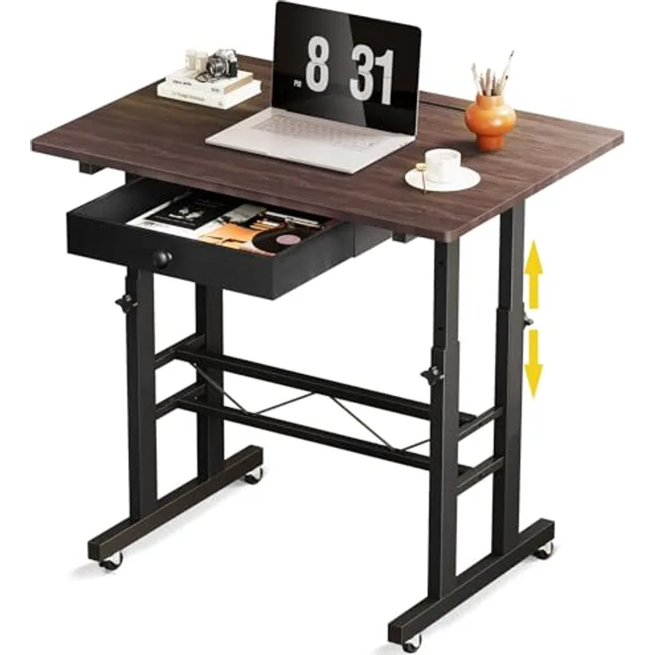 GTPLAYER Höhenverstellbarer Schreibtisch, Computertisch Laptoptisch mit Schubladen,Tisch höhenverstellbar 80 * 50*(73-115) cm, Standing Desk mit Rollen
