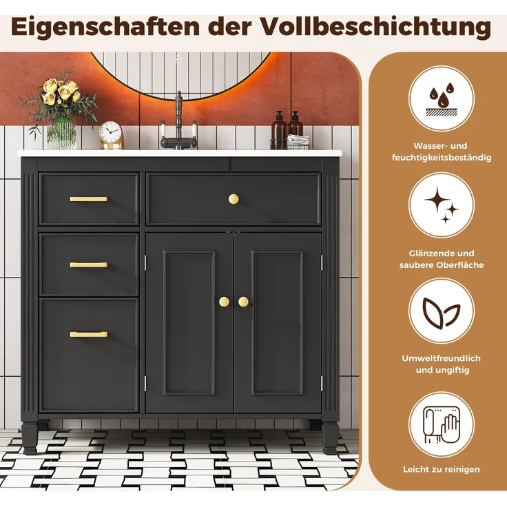 Freistehender Waschtisch, B 91 x T 46,5 x H 87 cm, MDF und Keramik, schwarz – Bild 8
