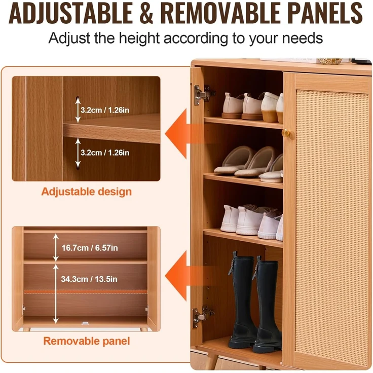 VEVOR Rattan-Schuhschrank 5-stufiger Schuhschrank Schuhkommode mit 2 Türen & verstellbaren Regalen, 102 cm hoher Rattan-Schuhschrank für den Eingangsbereich, ideal für Schrank Flur helle Holzfarbe – Bild 5