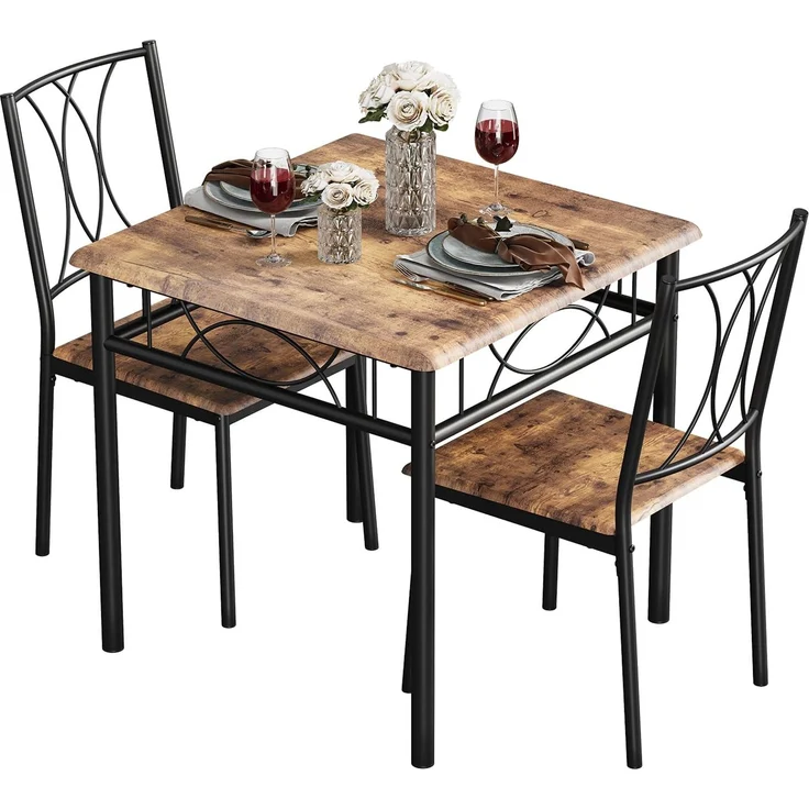 IDEALHOUSE 3-Teiliges Esszimmer Set Für 2 Personen, Esstisch&2 Gepolsterte Stühle, Platzsparend Esszimmermöbel-Set, Metall Und Holz, Stabil, Tisch Essgruppe Mit 2 Stühlen Für Kleine Räume, Küche-Holz3