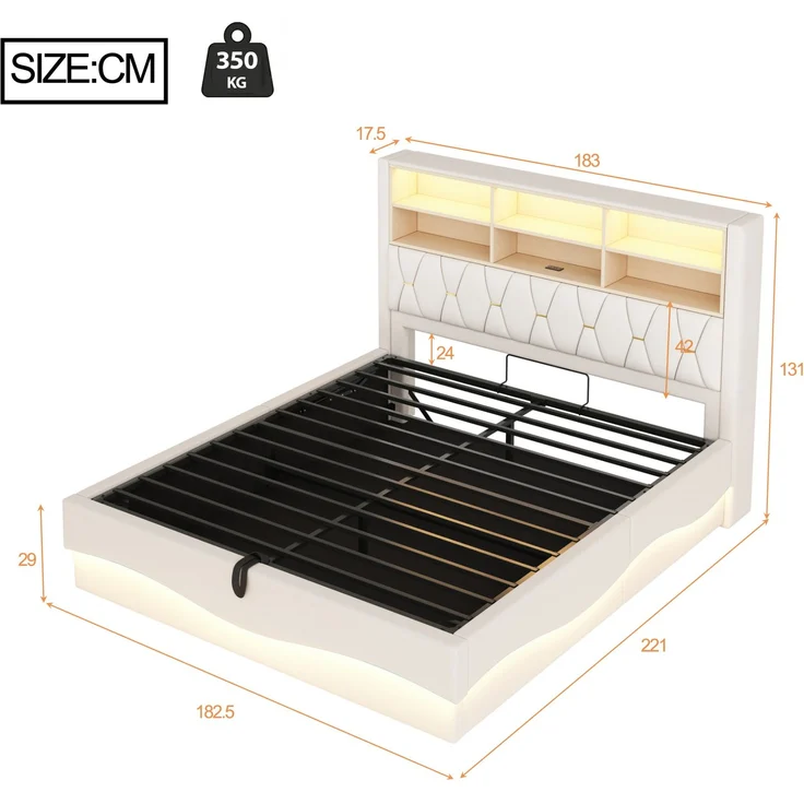 Merax Polsterbett, 180×200cm Doppelbett, mit hydraulischem Stauraum APP-gesteuertes LED-Lichtband USB-Ladeanschluss Metall-Lattenrost, Leinenpolsterung, Beige – Bild 4