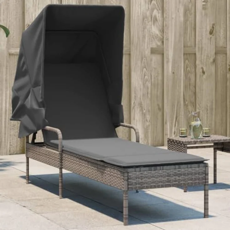 vidaXL Sonnenliege mit Dach, verstellbare Rückenlehne und abnehmbares Kissen, Grau Poly Rattan – Bild 2