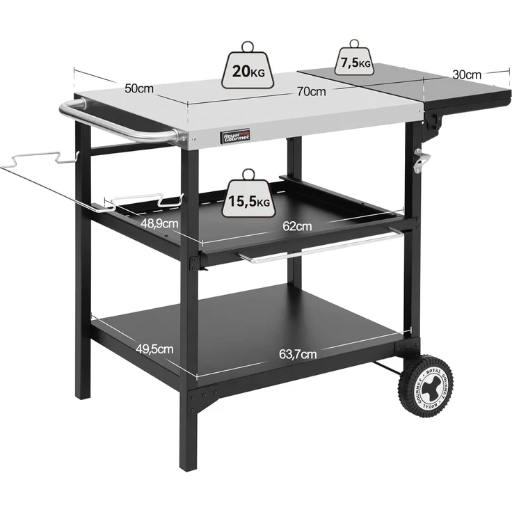 Royal Gourmet Grillablagetisch Outdoor Grilltisch mit 3 Etagen, Edelstahl-Tischplatte 70 x 50 cm, Servierwagen mit Push-Pull Regal, klappbarer Seitenablage 30 x 50 cm – Bild 4