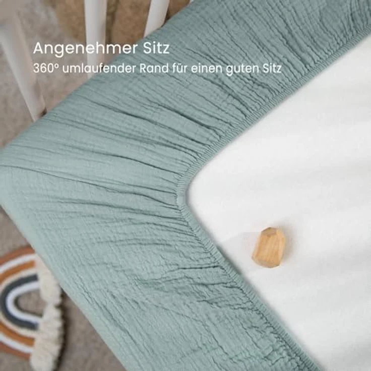 lulumoon 2er Set Kinder Spannbettlaken, Musselin-Baumwolle Spannbetttuch für Babybett und Kinderbett 60x120 cm / 70x140 cm Reisebett Spannlaken Beistellbett Leintücher (Grau Grün, 70x140 cm) – Bild 6