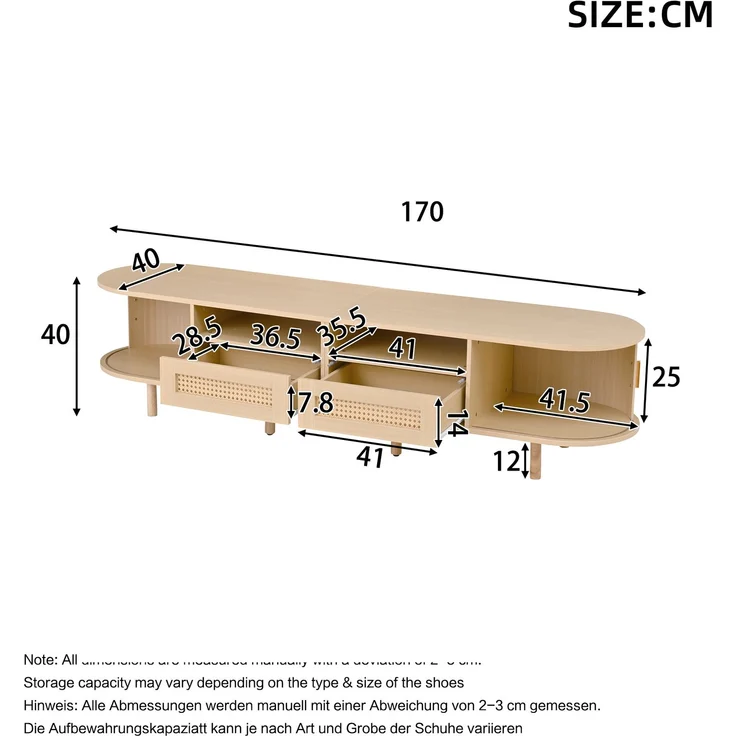 TV-Schrank 170 cm Ovale TV-Bank mit Rattanoptik Schubladen Schiebetüren Lowboard Holzlook Wohnzimmer Kompakter Retro-Stil 8 Beine – Bild 9