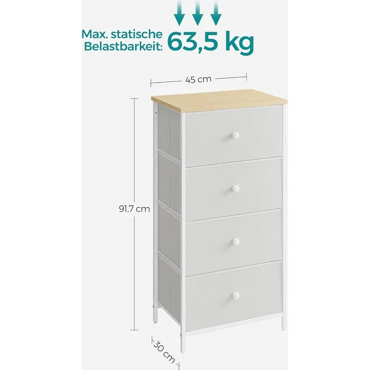 Songmics 'STL314W57' Kommode mit 4 Stoff-Schubladen, Holz / Stahl cremeweiß-eichenfarben, 91,7 x 30 x 45 cm – Bild 3