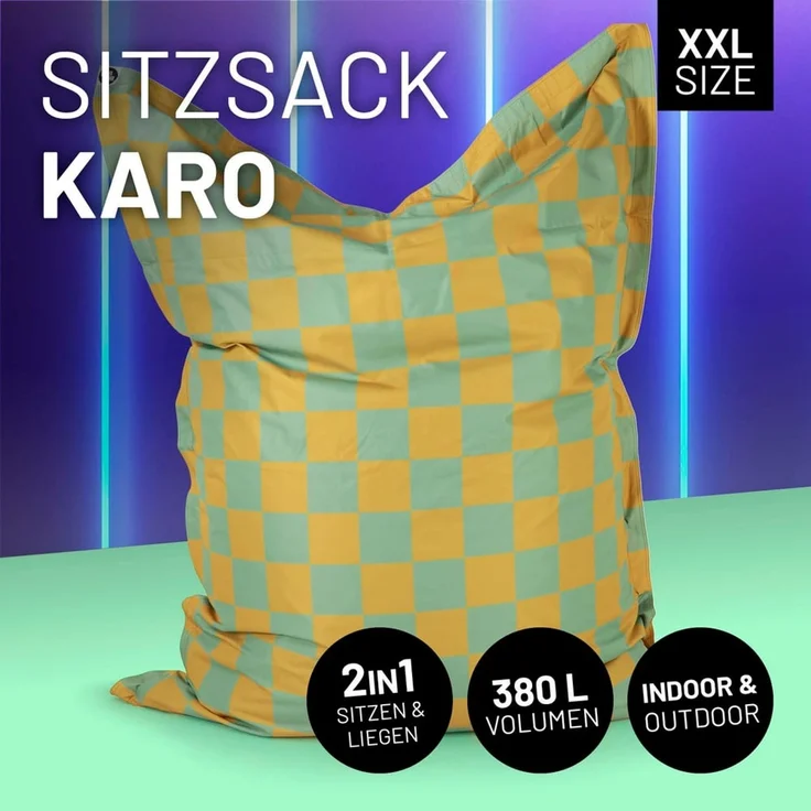 Lumaland 'Karo' Sitzsack XXL für Outdoor & Indoor, Polyester, Gelb/Pastellgelb, 380 l – Bild 3