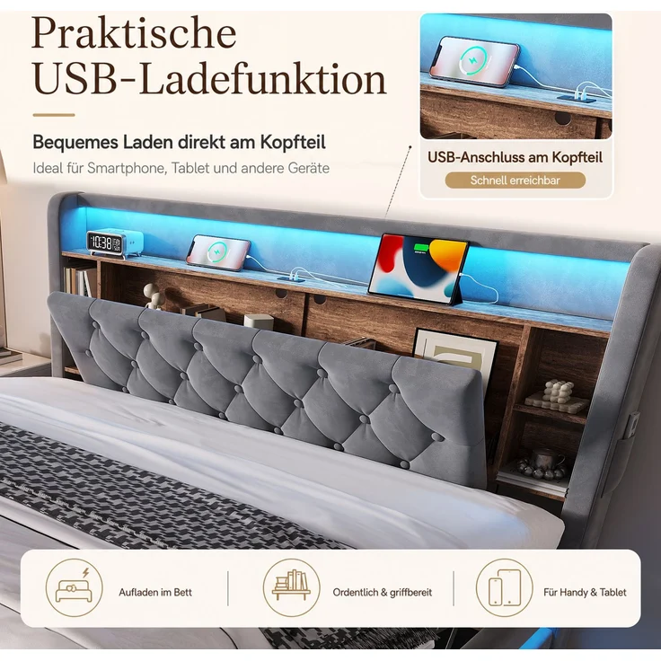 TavilaEcon Boxspringbett Samtbett, Polsterbett mit LED-Beleuchtung & USB-Ladefunktion grau Liegefläche 180 × 200 cm – Bild 5