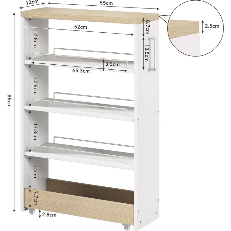 ZUBALIYA Nischenwagen 55 x 12 x 85 cm – 4 verstellbare Fachböden, 4 Lenkrollen, 25 mm Oberplatte, Geländer, MDF, Weiß, Naturfarben – Bild 5