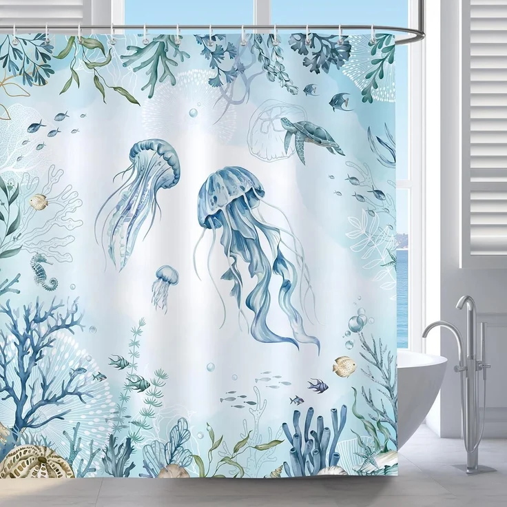 Duschvorhang Qualle Blau Ozean Meeresschildkröte 180x180 Anti-Schimmel Polyester – Bild 2