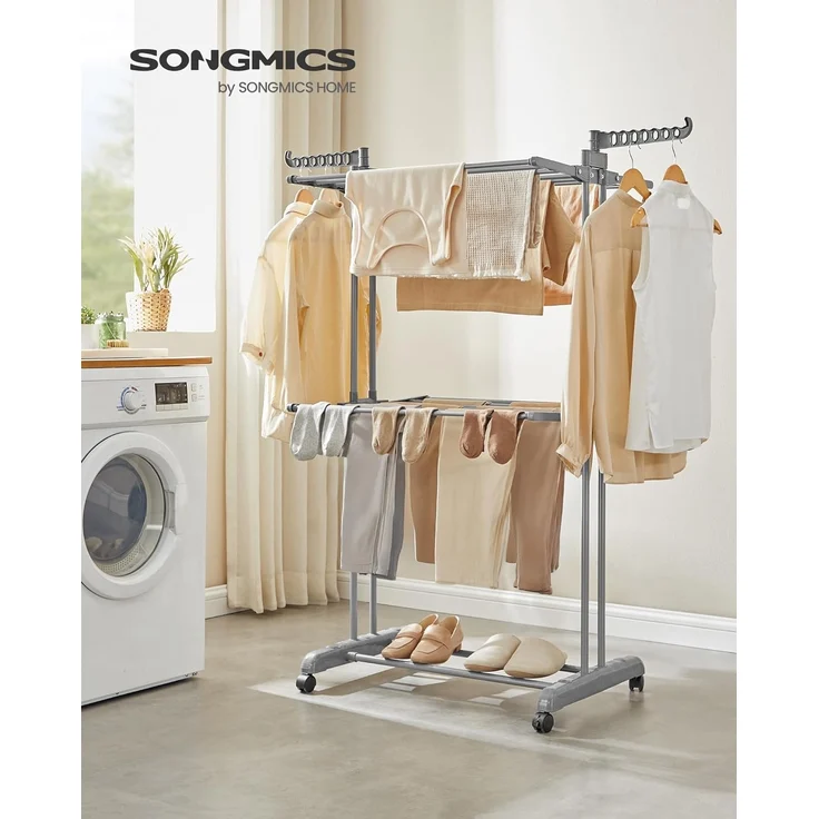 SONGMICS Wäscheständer, Standtrockner 4 Ebenen, Flügelwäscheständer, klappbare Flügel, mit Rollen, 63,5 x 128 x 148 cm, groß, einfacher Aufbau, für Innen- und Außenbereich, taubengrau – Bild 2