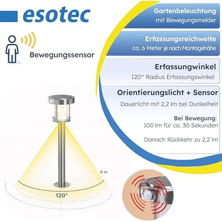 Esotec PIR Solarleuchte Ancona, Duo Color, LED Standleuchte mit Bewegungsmelder, IP44, wetterfest, silber, Höhe 71cm, 2 Betriebsmodi – Bild 4