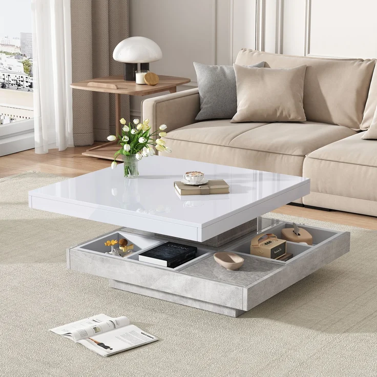 Couchtisch 70 x 70 x 36 cm, moderner Hochglanz-Wohnzimmertisch in Weiß mit marmorfarbenem Sockel – Bild 1