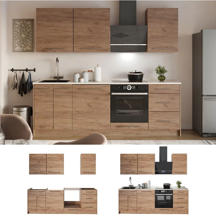 Küchenzeile Fame-Line Goldkraft Eiche/Goldkraft Eiche 230 cm ohne Arbeitsplatte Vicco – Bild 4