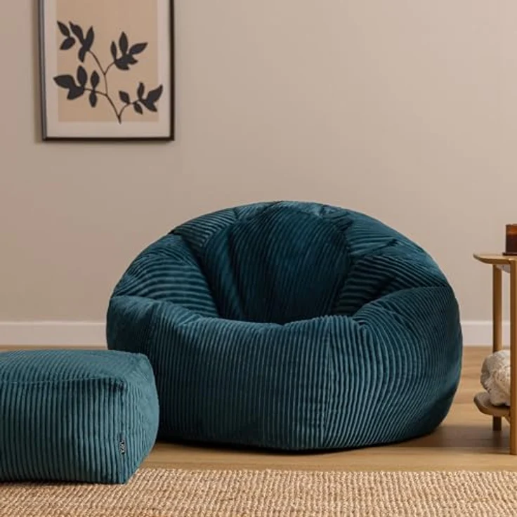 Icon Kingston XXL Sitzsack Cord mit Hocker, Blaugrün, Sitzsack Erwachsene mit Füllung, Bean Bag, Cord Sessel, Lounge Sessel, Lounge Stuhl, Schlafzimmer, Wohnzimmer, Wohnzimmer Möbel – Bild 5
