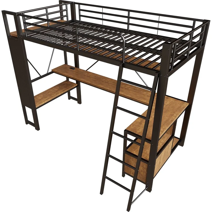 Hochbett mit Schreibtisch, LED-Streifen, Wandgitter, Regal, Schrank, Steckdose, USB, Type-C, Rausfallschutz, 90x200cm, Kinderbett, Metallbett – Bild 9