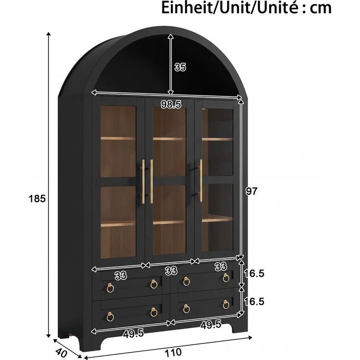 Flieks Vitrinenschrank, Hochschrank mit 3 Glastüren, 4 Schubladen & offener Bogennische, 110 x 40 x 185 cm, Schwarz – Bild 4