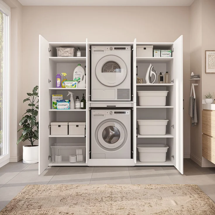 Roomart Waschmaschinenschrank - DORA-I- 190 cm breit - Wasch- & Trocknerschrank mit 2 Hochschränken, Türen & Ausziehbrett, Waschmaschinen-Überbau für Waschküche & Hauswirtschaftsraum • Weiß – Bild 6